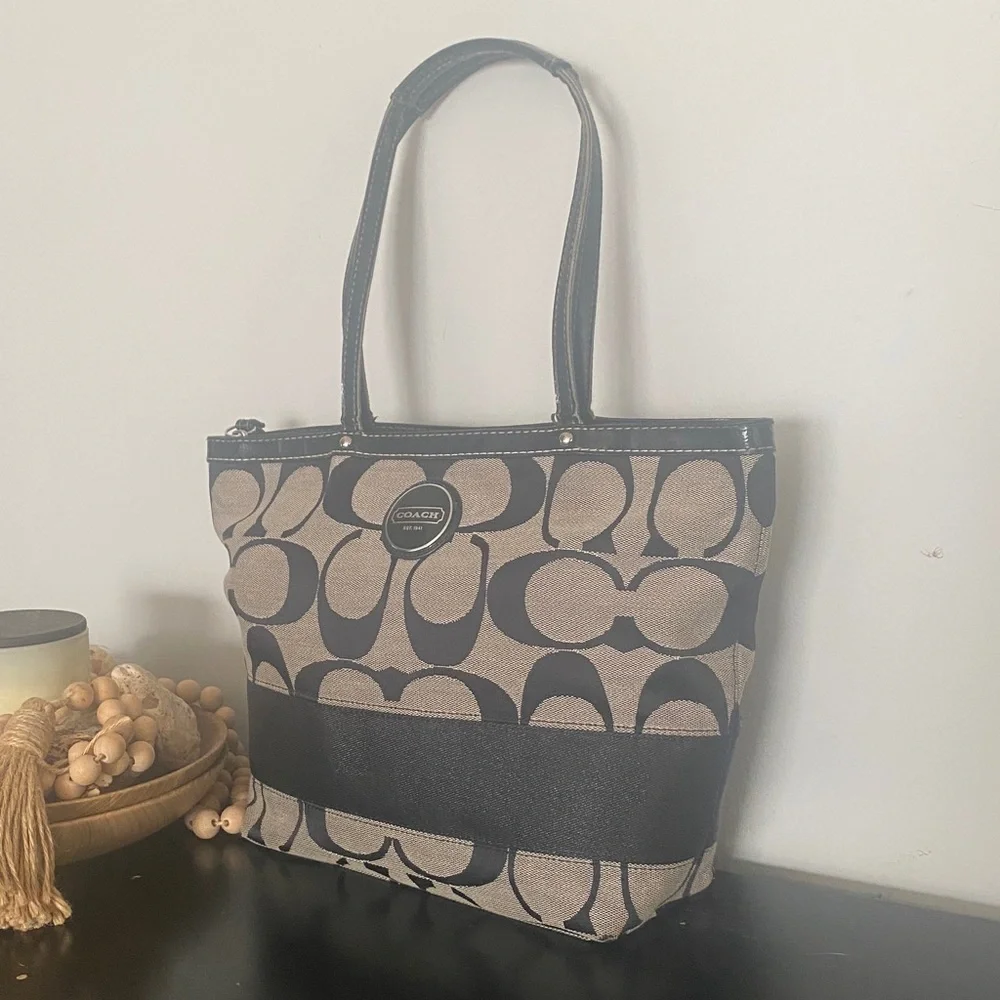 Coach Legacy Stripe Black and Taupe Signature Tote F17433